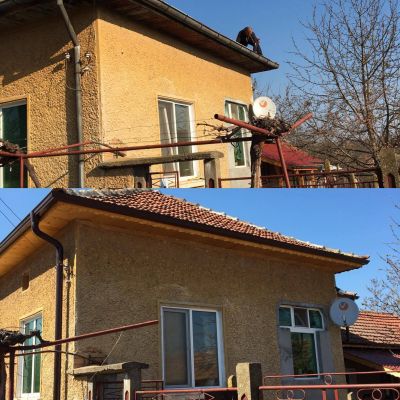 Монтаж на безшевни улуци и поставяне на нова челна дъска и съчак - Покриви и улуци ЕООД - Плевен, Ловеч, Троян, Луковит, Кнежа, Белене, Свищов, Велико Търново