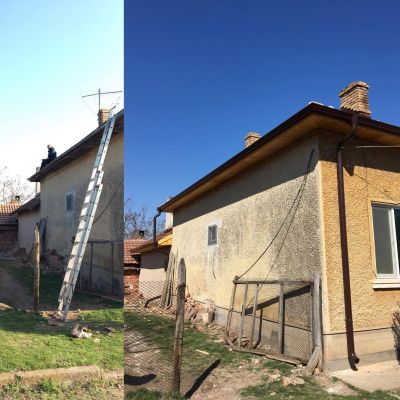 Монтаж на безшевни улуци и поставяне на нова челна дъска и съчак - Покриви и улуци ЕООД - Плевен, Ловеч, Троян, Луковит, Кнежа, Белене, Свищов, Велико Търново